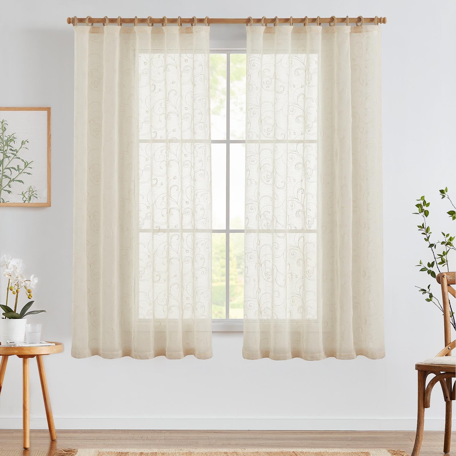Jinchan Embroidered Linen Sheer Curtains 63 Inches Long For Living Room Embroidery Curtains 2 Panels Farmhouse Voile Curtains Ro